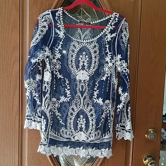 You Are Not Alone blue white  sheer top Sz. S - Picture 1 of 5